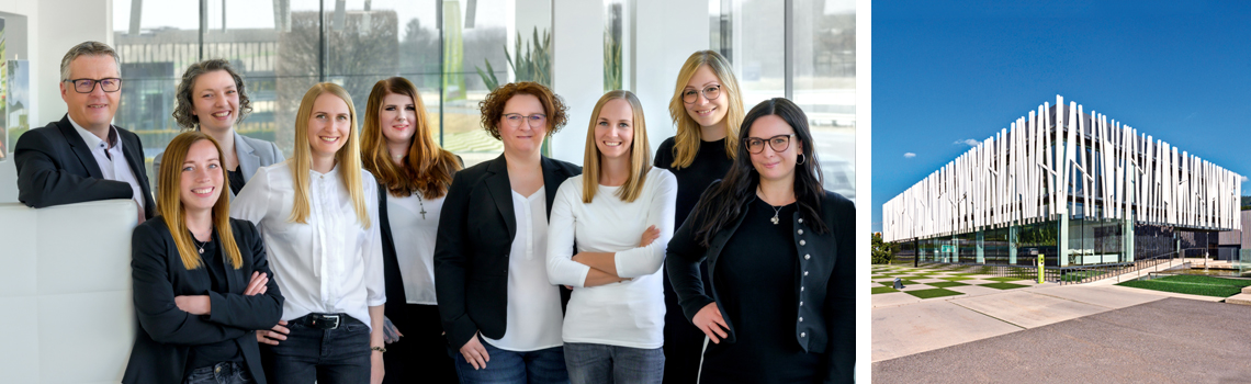 Das Team der Ausstattung und Westansicht des Verkaufs- & Ausstattungsszentrums Langenwang