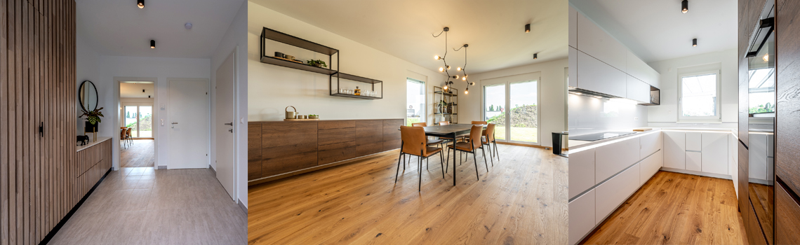 Einblicke, Eingangsbereich mit Blick ins Wohnzimmer, Wohn-/Esszimmer, Blick in Küche